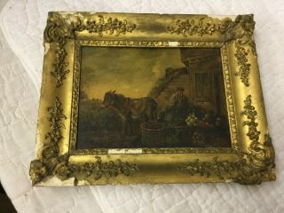 Antique Early 1800 ' s Oil Painting Genre Farm Scene w Frame & Provenance 2