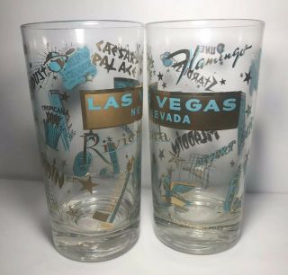 Vintage Mid Century Las Vegas Barware High Ball Iced Tea Glasses Gold Set Of 2
