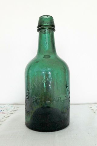 IRON PONTIL DYOTTVILLE GLASS TEAL GREEN SQUAT BEER / SODA BOTTLE - EXC. 2