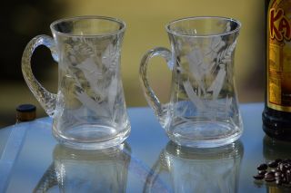Vintage Etched Blown Glass Coffee Mugs,  Set Of 4,  Floral Etched Coffee Glasses