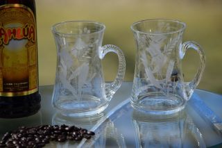 Vintage Etched Blown Glass Coffee Mugs,  Set of 4,  Floral Etched Coffee Glasses 4