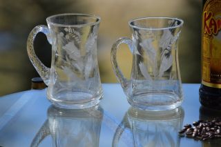 Vintage Etched Blown Glass Coffee Mugs,  Set of 4,  Floral Etched Coffee Glasses 6