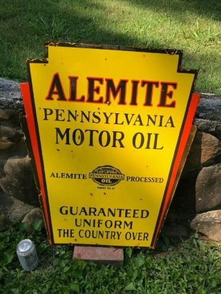Old " Alemite Motor Oil " Large,  Heavy Double Sided Porcelain Sign (30 " X 24.  5 ")
