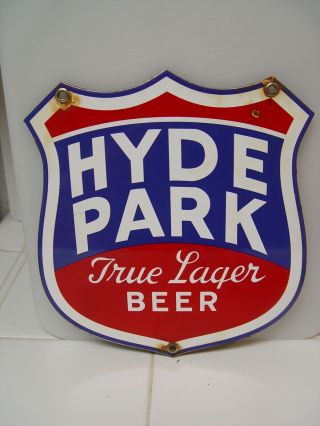 Hyde Park True Lager Beer Diecut Porcelain Shield Shaped Advertising Sign
