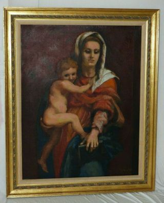Oil Painting Signed Temple Madonna Mother With Boy Child Holding A Bible 1972