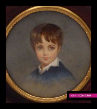Antique French Miniature Painting Watercolor 1900s Portrait Of A Young Boy