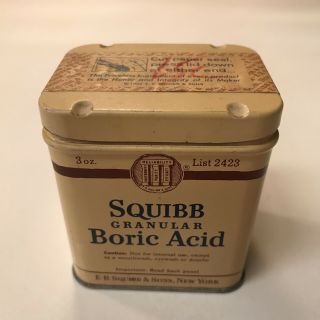 Vtg Antique Squibb Advertising Tin Granular Boric Acid Can 3oz Pharmacy