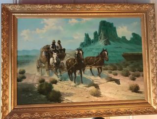 Lg Vintage Western Art Oil Painting - Stagecoach/horses/mt/cowboys - Listed Artist?