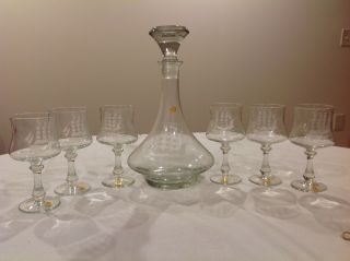 Vtg Romania Hand Etched Crystal Glass Decanter & Stemmed Glasses Clipper Ship