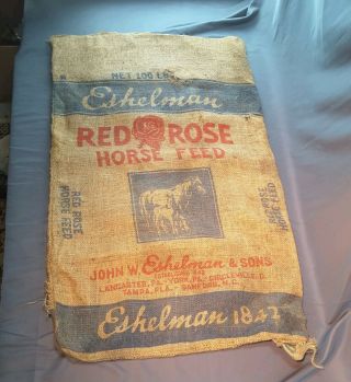 Vintage Red Rose Brand Horse Feed Burlap Sack Eshelman & Sons Bag