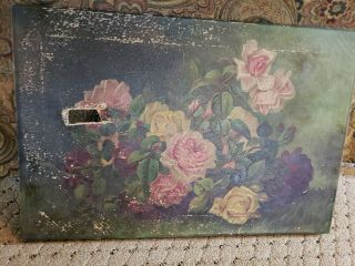 Antique 1800s Chippy Shabby Cottage Rose Still Life Oil Painting On Canvas 16×24