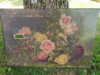 Antique 1800s Chippy Shabby Cottage Rose Still Life Oil Painting On Canvas 16×24 3