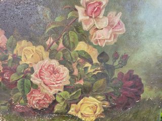 Antique 1800s Chippy Shabby Cottage Rose Still Life Oil Painting On Canvas 16×24 4