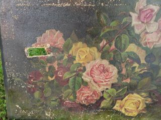 Antique 1800s Chippy Shabby Cottage Rose Still Life Oil Painting On Canvas 16×24 5