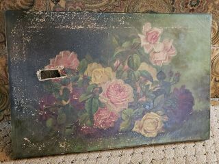 Antique 1800s Chippy Shabby Cottage Rose Still Life Oil Painting On Canvas 16×24 6