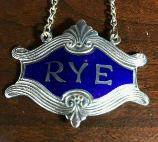 Fine English Art Deco Silver Plated Enamel Rye Scalloped Rim Decanter Label Tag