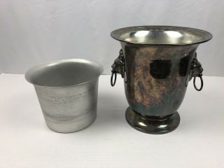Vintage Silver Plated Champagne Ice Bucket Lion Head Handles Insert Art Deco 7