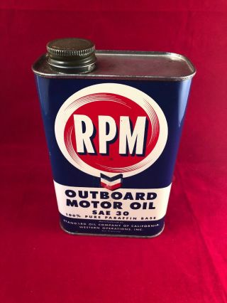 Vintage Rpm Outboard Motor Oil Can Great Graphics Rare Flat Quart.  Full