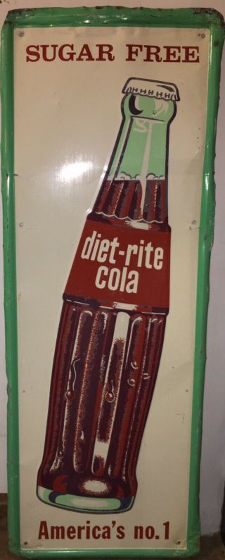 1960s Diet Rite Cola Large Tin Metal Sign With Bottle Soda Pop
