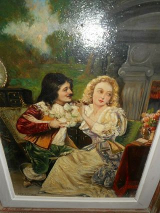 Old oil painting,  { Musketeer romancing with a pretty lady,  is signed}. 3