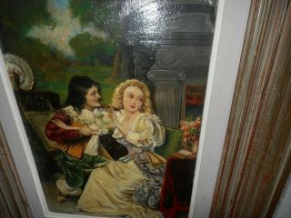 Old oil painting,  { Musketeer romancing with a pretty lady,  is signed}. 4