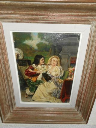 Old oil painting,  { Musketeer romancing with a pretty lady,  is signed}. 6