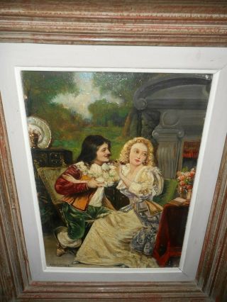 Old oil painting,  { Musketeer romancing with a pretty lady,  is signed}. 8