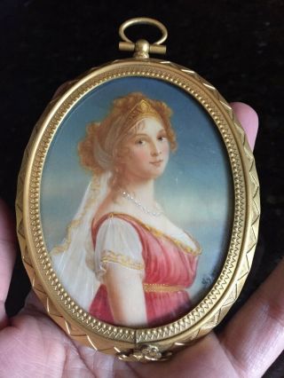 Signed Fine Antique Painted Portrait Miniature Ornate Frame Neoclassical Regency