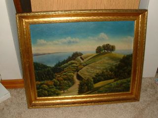 Oil On Board Painting By Jean Clark - Antique Painting Of Rolling Hill Landscape