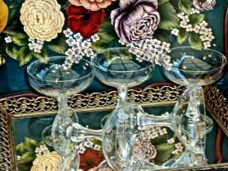 EXQUISITE ANTIQUE FRENCH CRYSTAL SET 5 HOLLOW STEM CHAMPAGNE GLASSES ST.  LOUIS 2