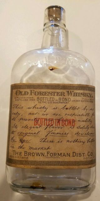Old Forester Whiskey Bottle Paper Label Brown Forman Dist.  Kentucky