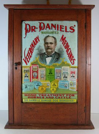 1890 Dr Daniels Veterinary Medicine Display Cabinet - Tin Litho Sign Front Panel