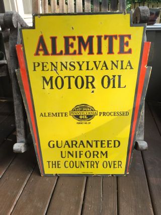1930s Alemite Motor Oil Double Sided Porcelain Sign
