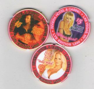 Riviera Las Vegas Casino Porn Star Set Of 3 Chips - Rare - Notched But