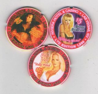 Riviera Las Vegas Casino Porn Star Set Of 3 Chips - Rare - Notched but 2