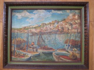 Antique Italian Impressionist Harbor Landscape Oil Painting Signed Vincenzo Old