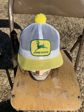 Vintage John Deere Mesh Hat Pom Pom Ball Advertising Farming Snapback