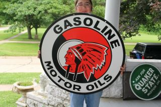 Red Indian Gasoline Motor Oil Gas Station 2 Sided 30 " Porcelain Metal Sign