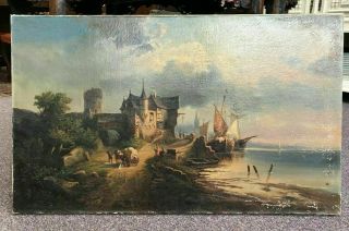 19th Century European Continental Oil On Canvas Castle Landscape Mountain Lake