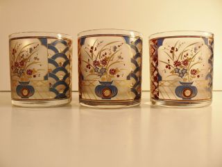 Three Culver Rocks Glasses Asian Floral Beverge Dof Barware 22k Gold Detail 8 Oz
