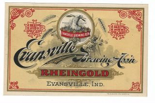 Pre Prohibition Evansville Brewing Assoc Rheingold Beer Label In
