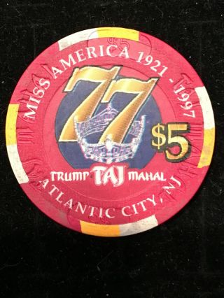 TRUMP TAJ MAHAL CASINO $5 CHIP MISS AMERICA 1997 ATLANTIC CITY POKER BLACKJACK V 2