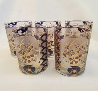 Culver Rocks Glass Tumblers Asian Floral Beverage Barware 22k Gold Detail Set 5