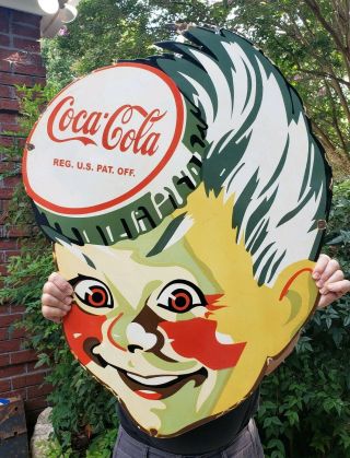 Large 3 Foot Coca Cola Sprite Boy Soda Pop Gas Station 36 " Porcelain Metal Sign