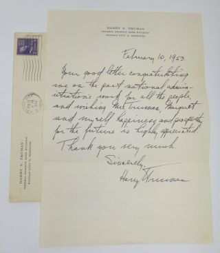 Harry S Truman 1953 Autographed Hand Written Letter His Stationary And Envelope