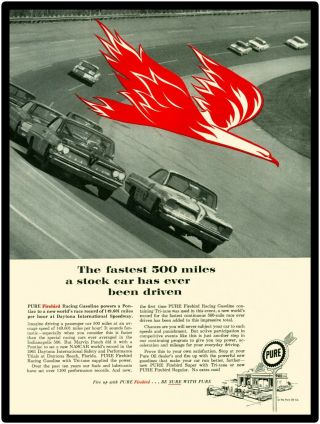 Vintage 1960s Look Pure Firebird Gasoline Metal Sign: At Daytona 500