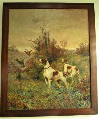 19th Century French Hunting Dogs Oil Painting,  Framed,  Signed M Guillebert.