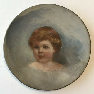 Antique Victorian Papier - MÂchÉ Oil Painting Child’s Portrait Wall Plaque 6 - 1/4”
