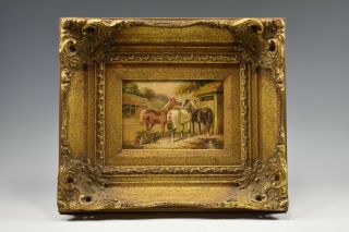 19th Century Horse Oil Painting On Wood In Custom Gilt Frame Signed