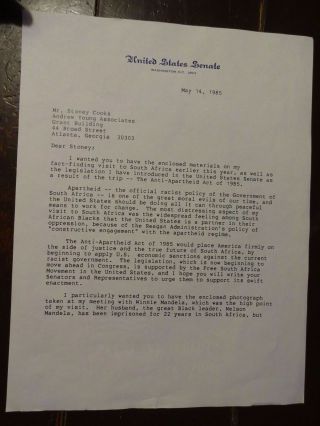 Signed Edward Kennedy Ltr To Stoney Cooks / Re: The Anti - Apartheid Act Of 1985
